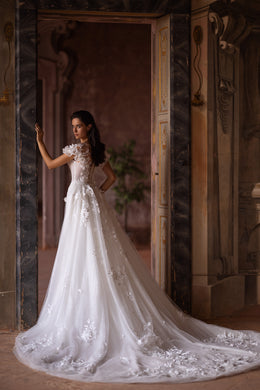 Mermaid Bridal Gown with Deep V-Neck, 3D Lace, Detachable Skirt, and Buttons Back