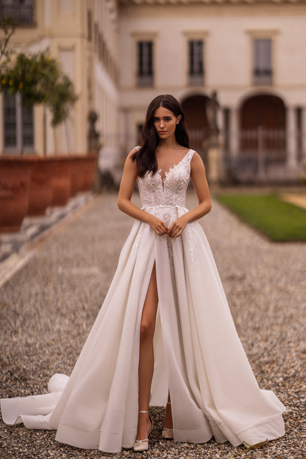 Elegant A-Line Wedding Gown with V-Neck, Straps, Slit Skirt, Lace, and Train