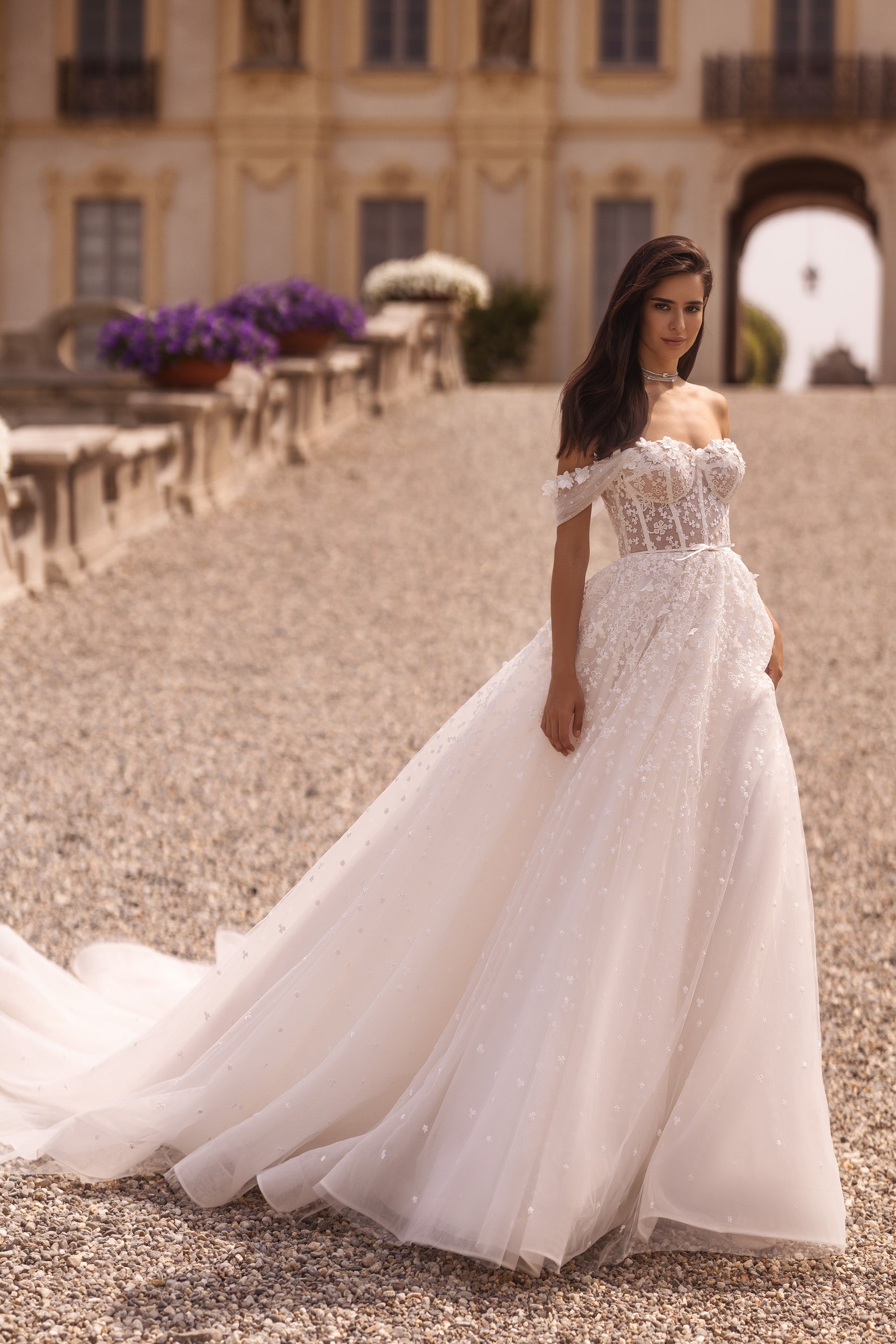 A-Line Sweetheart Off-the-Shoulder 3D Lace Tulle Wedding Dress with Belt and Cathedral Train
