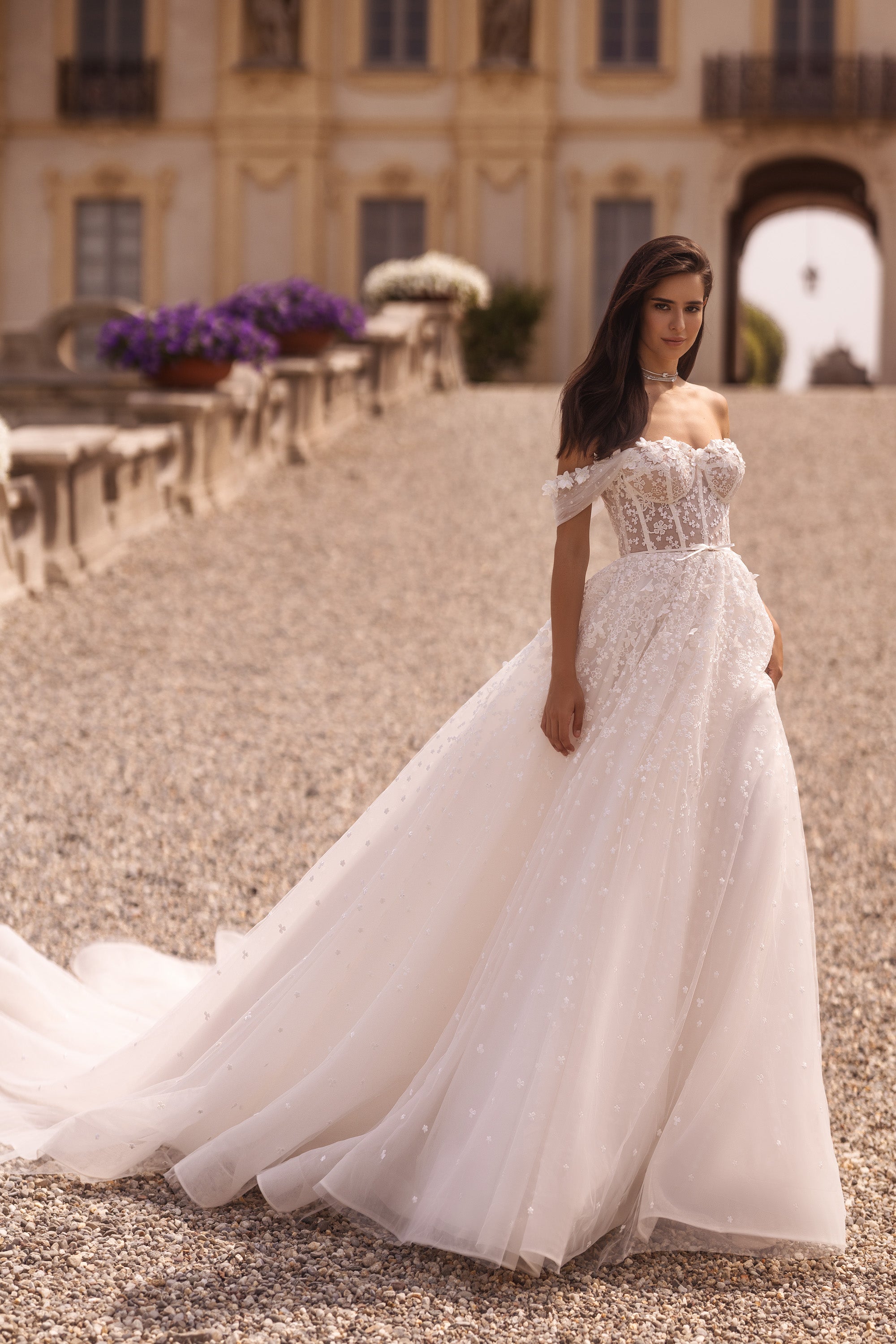 A-Line Sweetheart Off-the-Shoulder 3D Lace Tulle Wedding Dress with Belt and Cathedral Train
