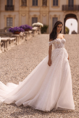 A-Line Sweetheart Off-the-Shoulder 3D Lace Tulle Wedding Dress with Belt and Cathedral Train