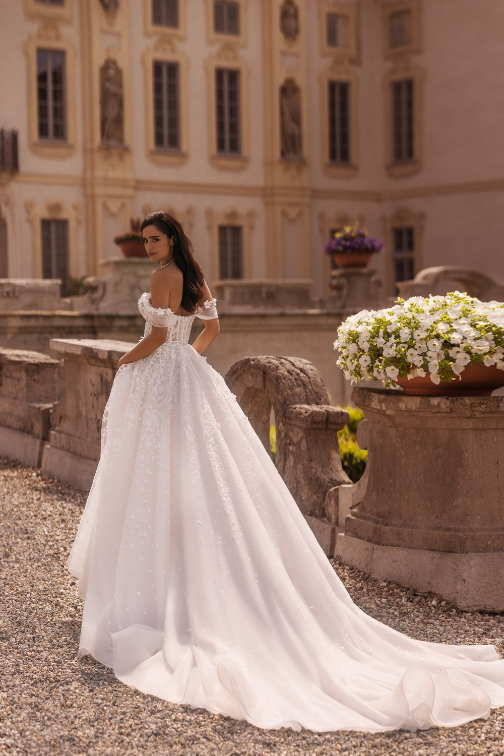 A-Line Sweetheart Off-the-Shoulder 3D Lace Tulle Wedding Dress with Belt and Cathedral Train