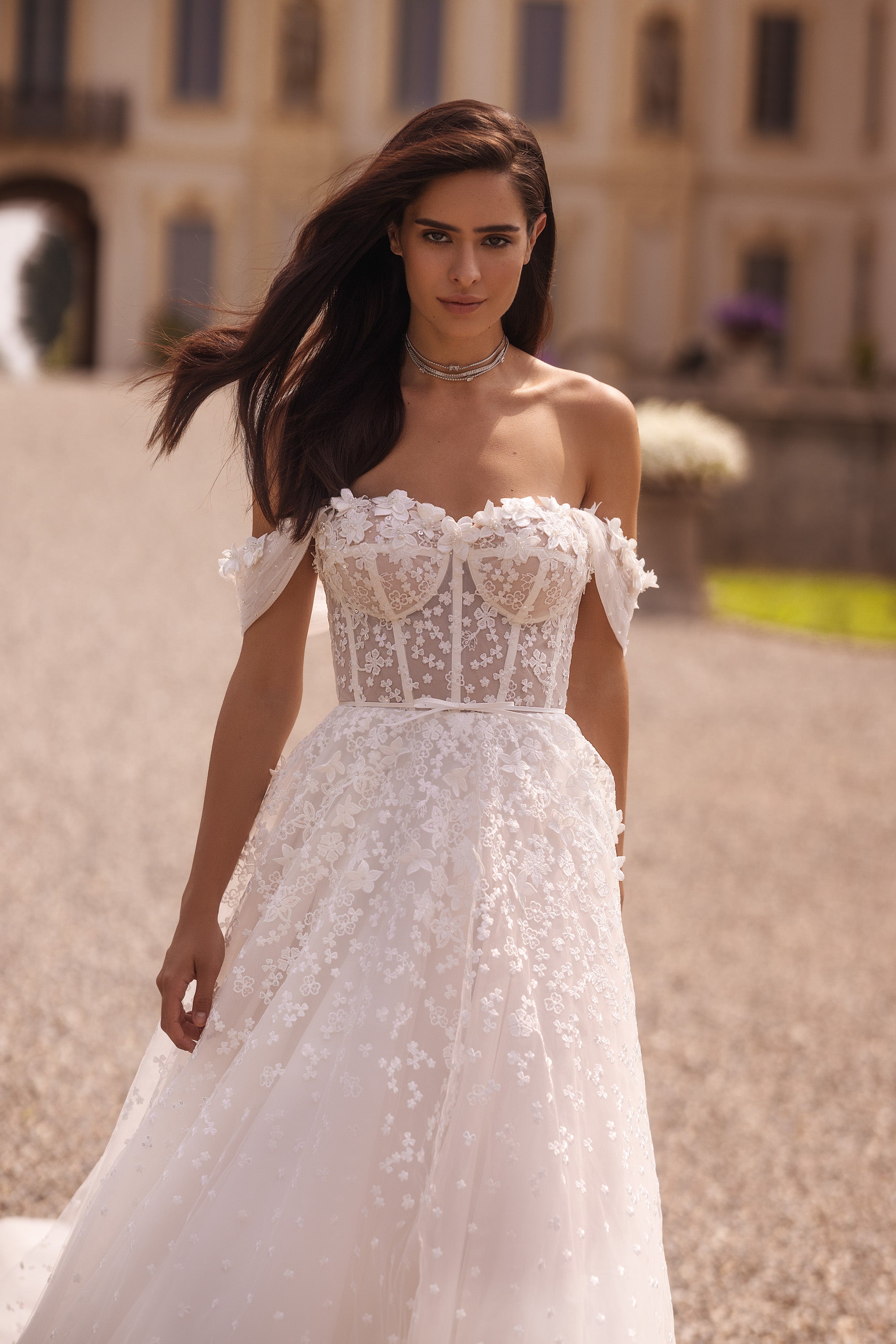 A-Line Sweetheart Off-the-Shoulder 3D Lace Tulle Wedding Dress with Belt and Cathedral Train