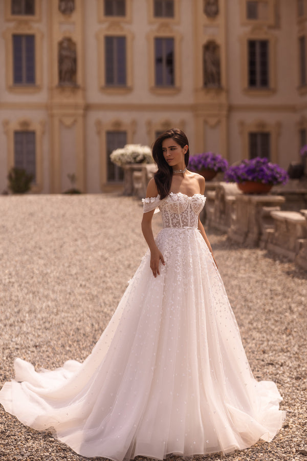 A-Line Sweetheart Off-the-Shoulder 3D Lace Tulle Wedding Dress with Belt and Cathedral Train