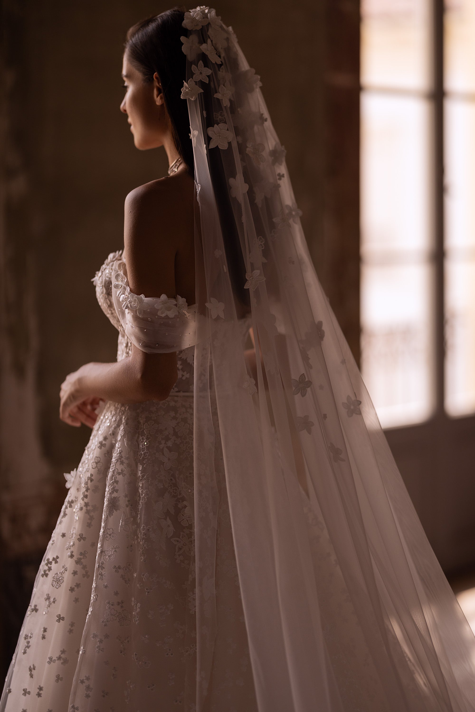 A-Line Sweetheart Off-the-Shoulder 3D Lace Tulle Wedding Dress with Belt and Cathedral Train
