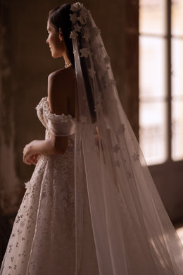 A-Line Sweetheart Off-the-Shoulder 3D Lace Tulle Wedding Dress with Belt and Cathedral Train