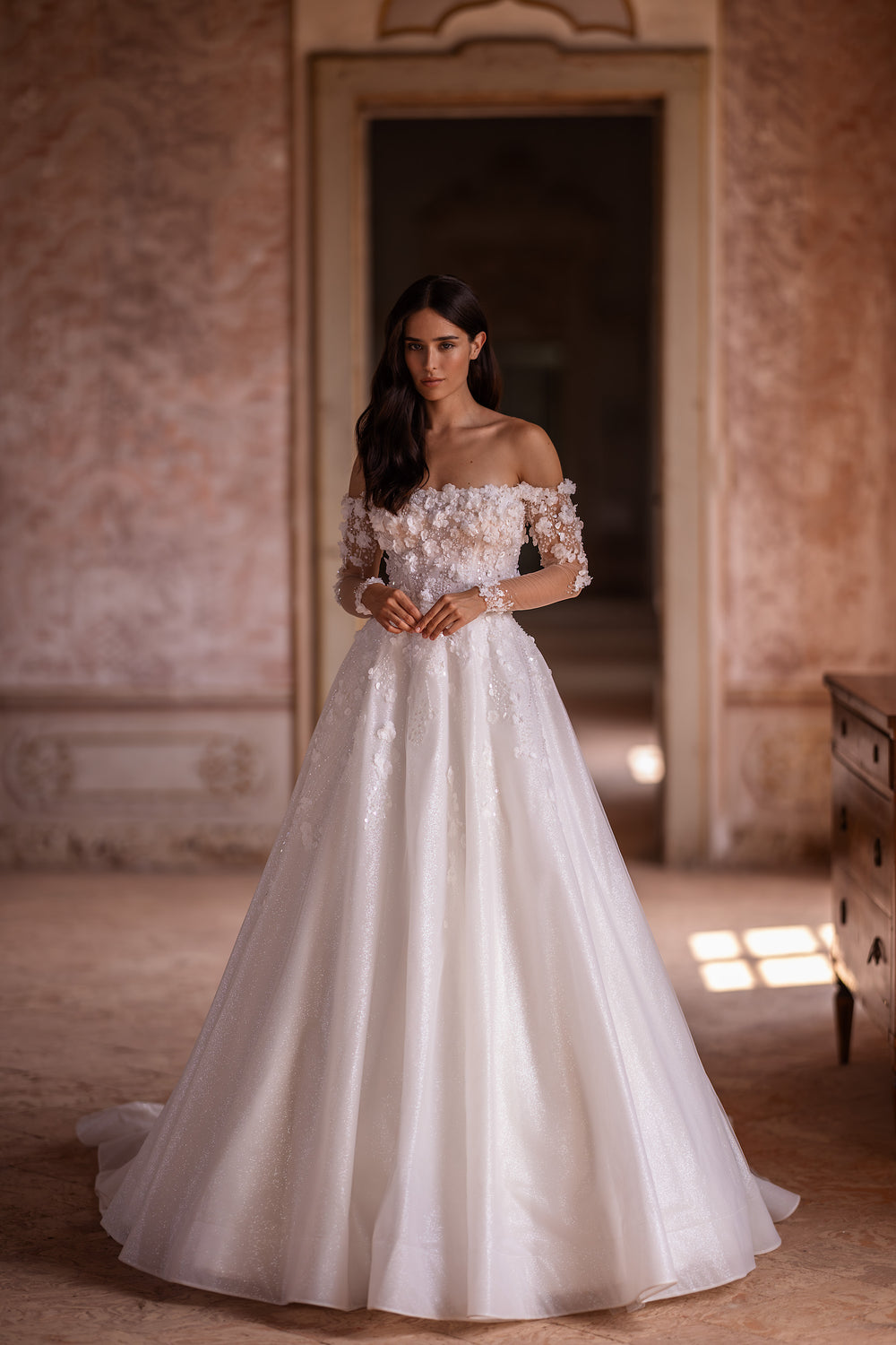 Elegant Wedding Gown with Straight Across Neckline, Long Sleeves, A-Line Glitter Skirt, 3D Lace, and Zipper Back