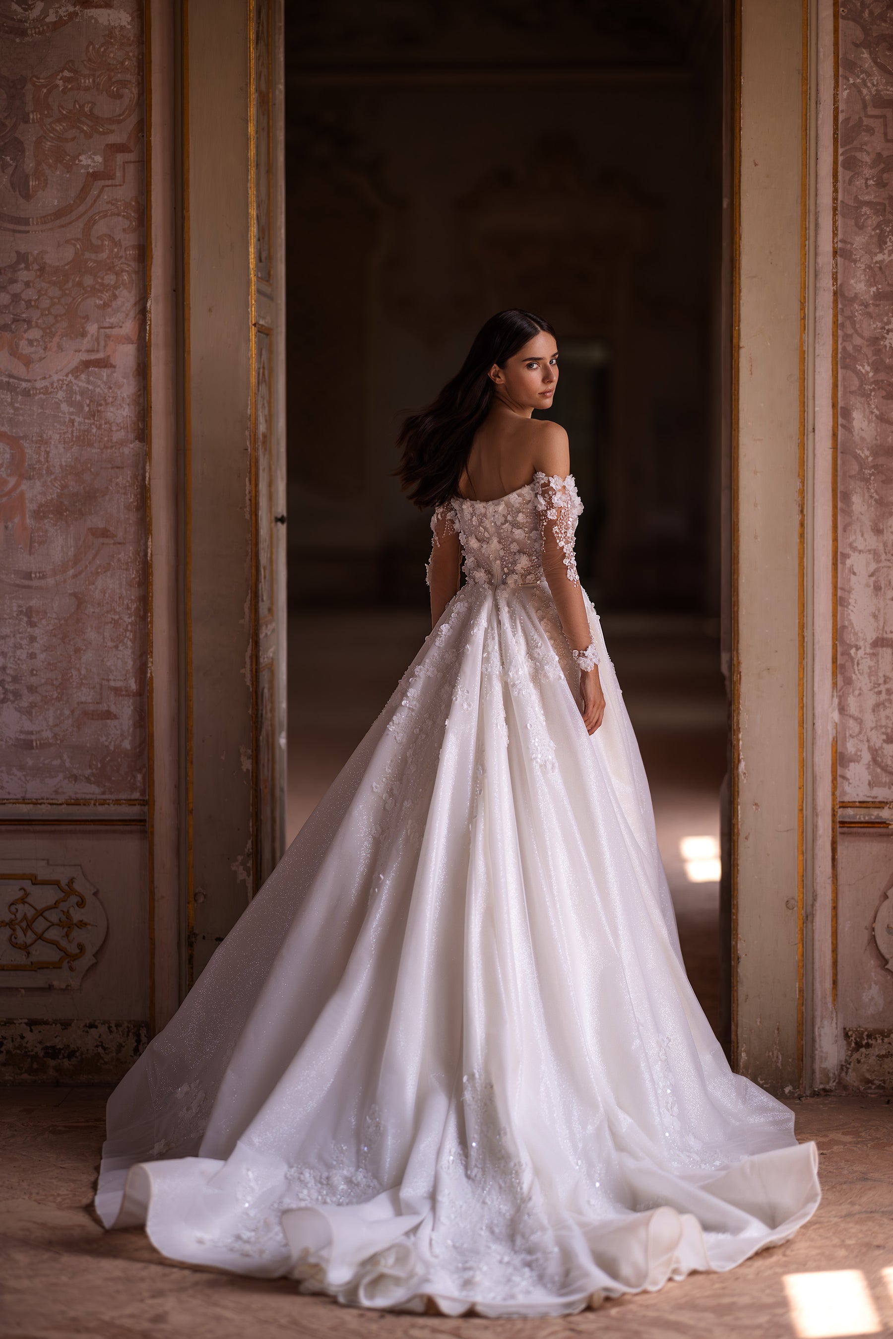 Elegant Wedding Gown with Straight Across Neckline, Long Sleeves, A-Line Glitter Skirt, 3D Lace, and Zipper Back