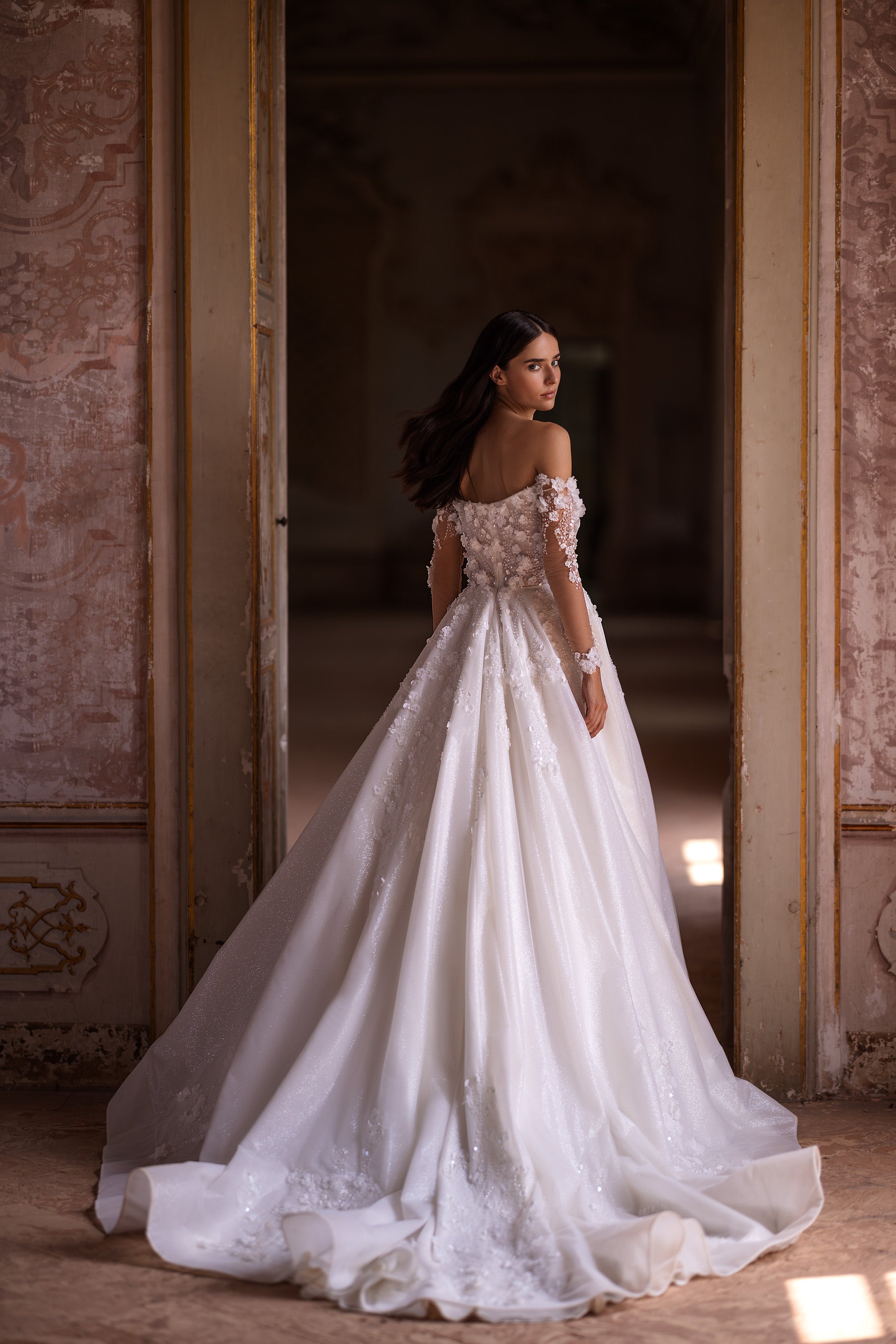 Elegant Wedding Gown with Straight Across Neckline, Long Sleeves, A-Line Glitter Skirt, 3D Lace, and Zipper Back