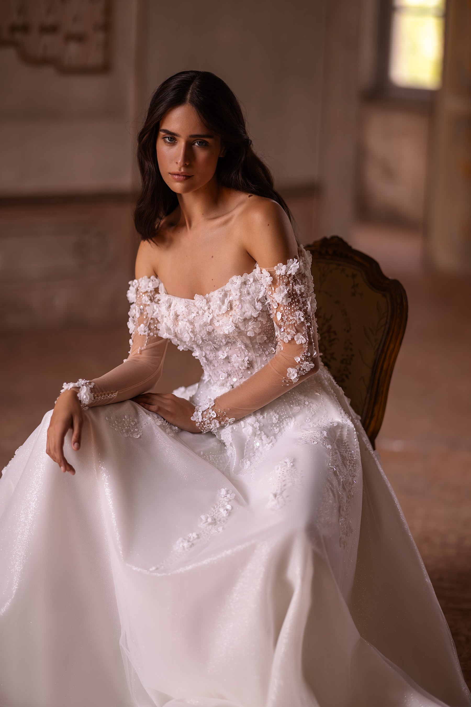 Elegant Wedding Gown with Straight Across Neckline, Long Sleeves, A-Line Glitter Skirt, 3D Lace, and Zipper Back