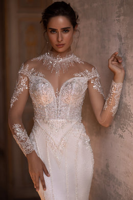 Elegant Bridal Gown Mermaid with Long Sleeves, High Neck, Lace Back, and Additional Skirt