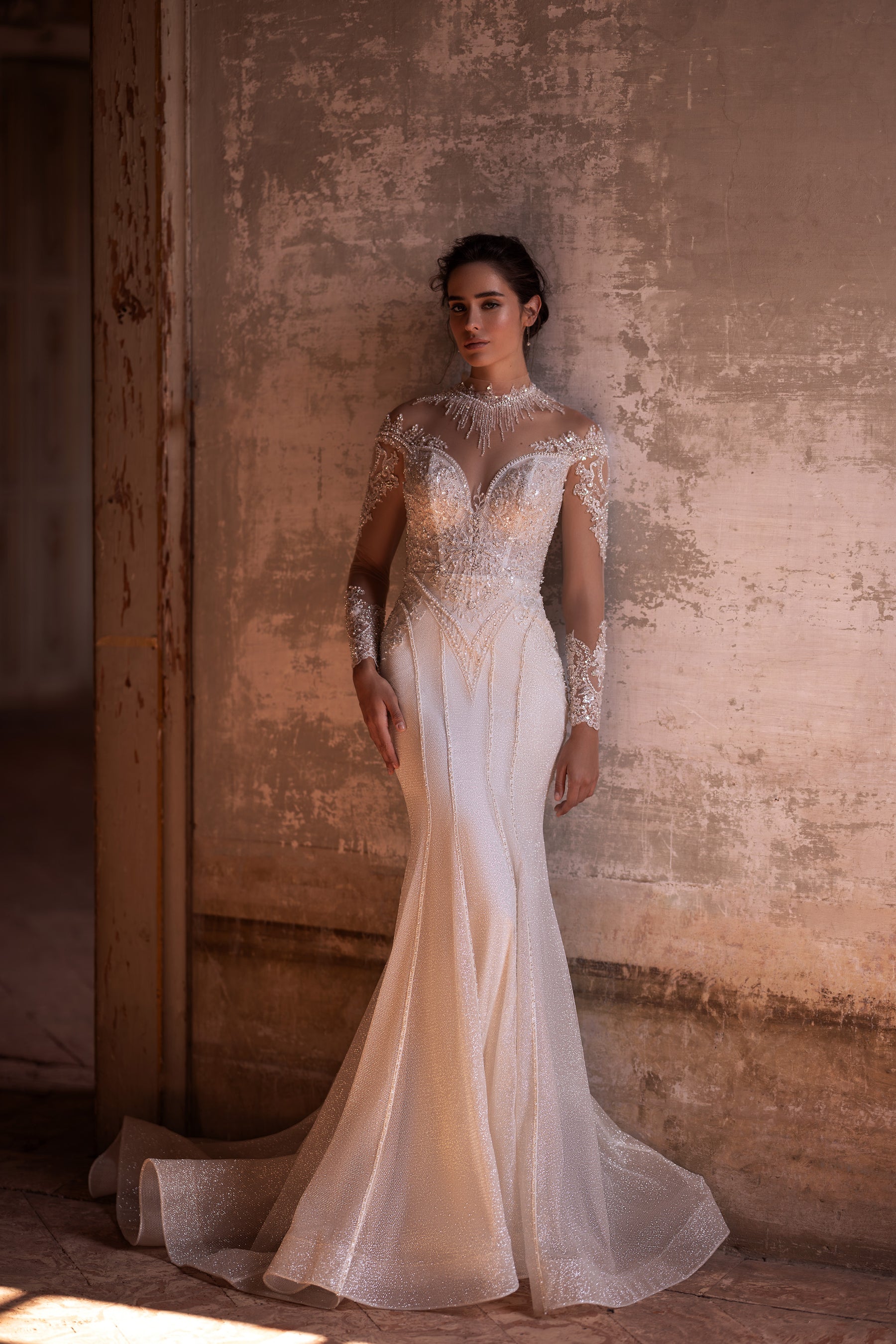 Elegant Bridal Gown Mermaid with Long Sleeves, High Neck, Lace Back, and Additional Skirt