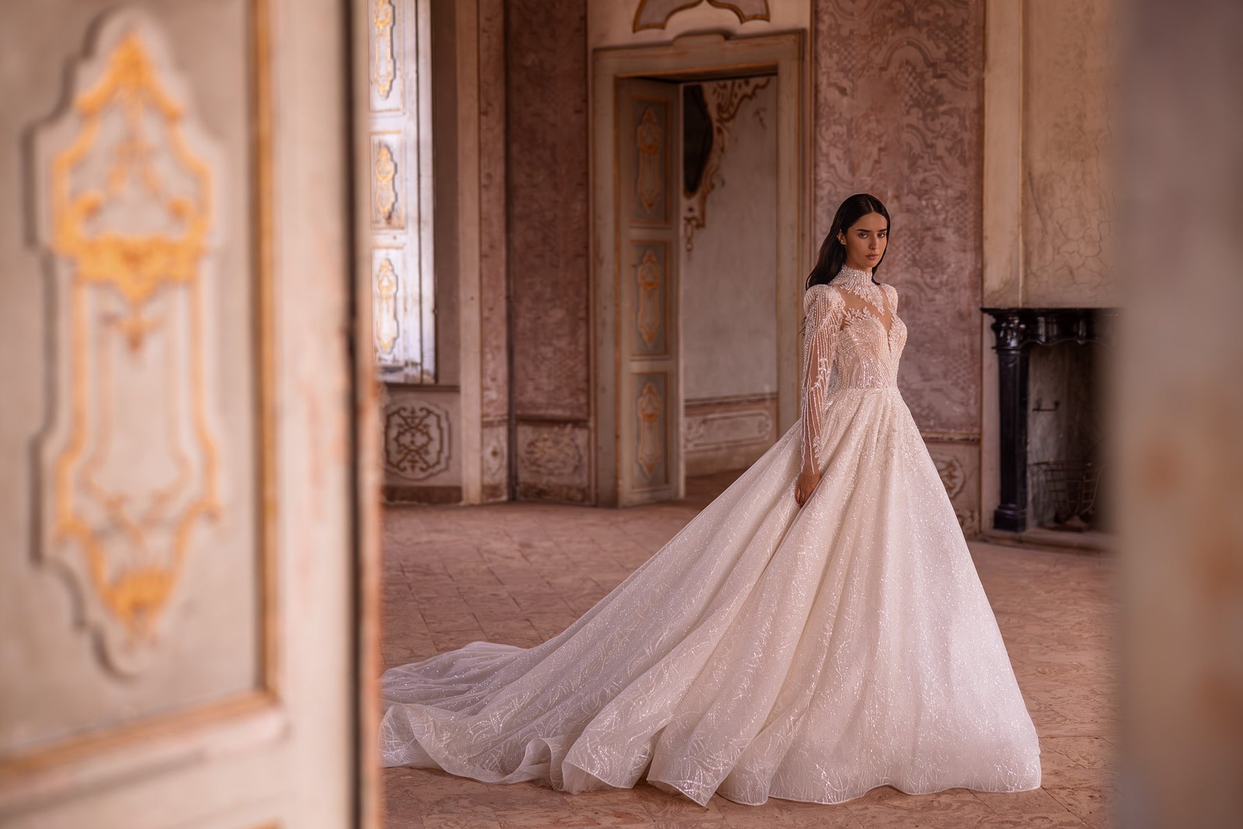 Elegant Wedding Dress Ballgown with High Neck, Lace Sleeves, Lace Back with Buttons, Cathedral Train, and Glitter Skirt