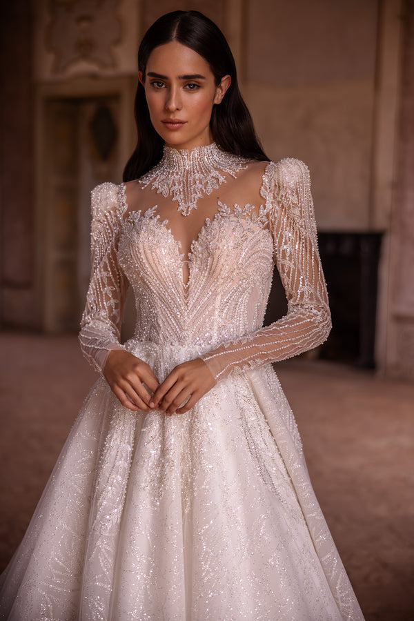 Elegant Wedding Dress Ballgown with High Neck, Lace Sleeves, Lace Back with Buttons, Cathedral Train, and Glitter Skirt