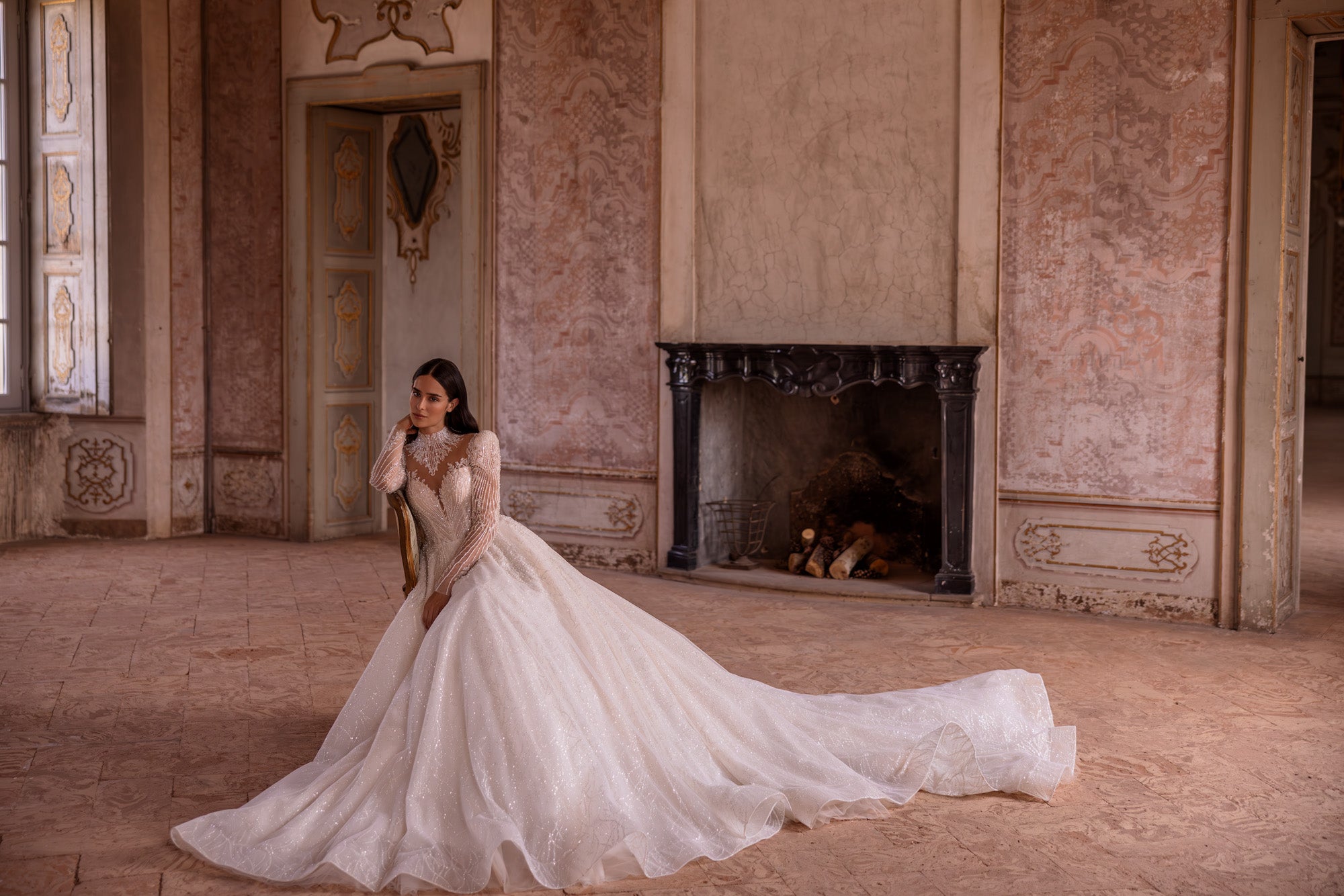 Elegant Wedding Dress Ballgown with High Neck, Lace Sleeves, Lace Back with Buttons, Cathedral Train, and Glitter Skirt