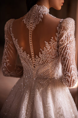 Elegant Wedding Dress Ballgown with High Neck, Lace Sleeves, Lace Back with Buttons, Cathedral Train, and Glitter Skirt