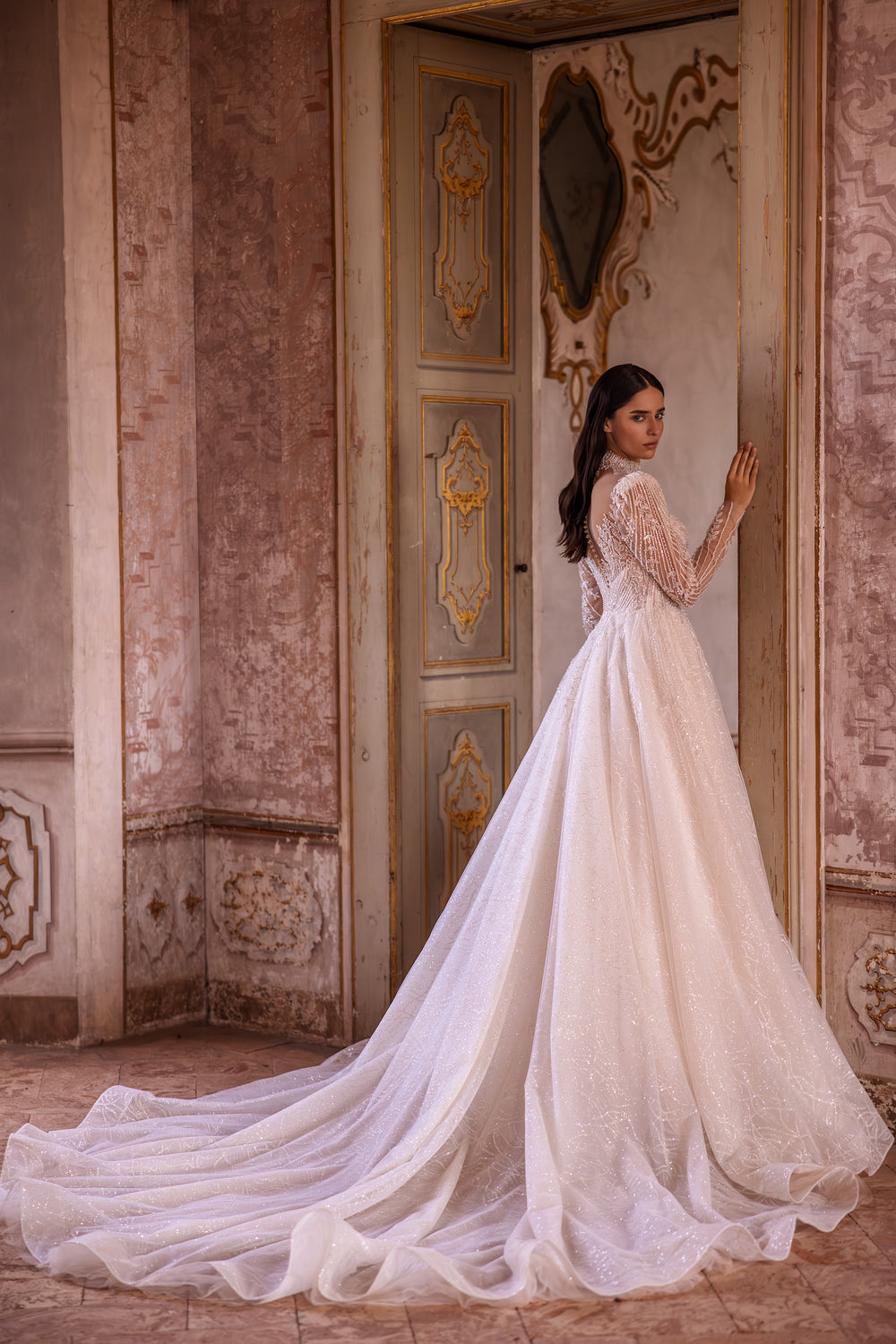 Elegant Wedding Dress Ballgown with High Neck, Lace Sleeves, Lace Back with Buttons, Cathedral Train, and Glitter Skirt