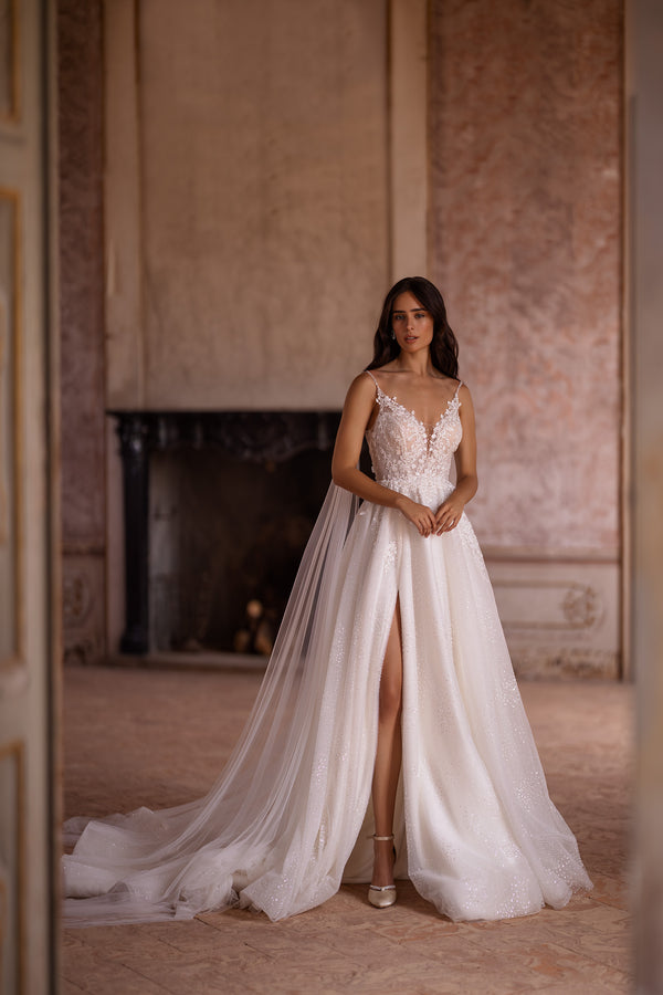 Spaghetti Straps Bridal Gown Beach Wedding Dress with Slit Skirt, Detachable Wings, and Deep V-Neck