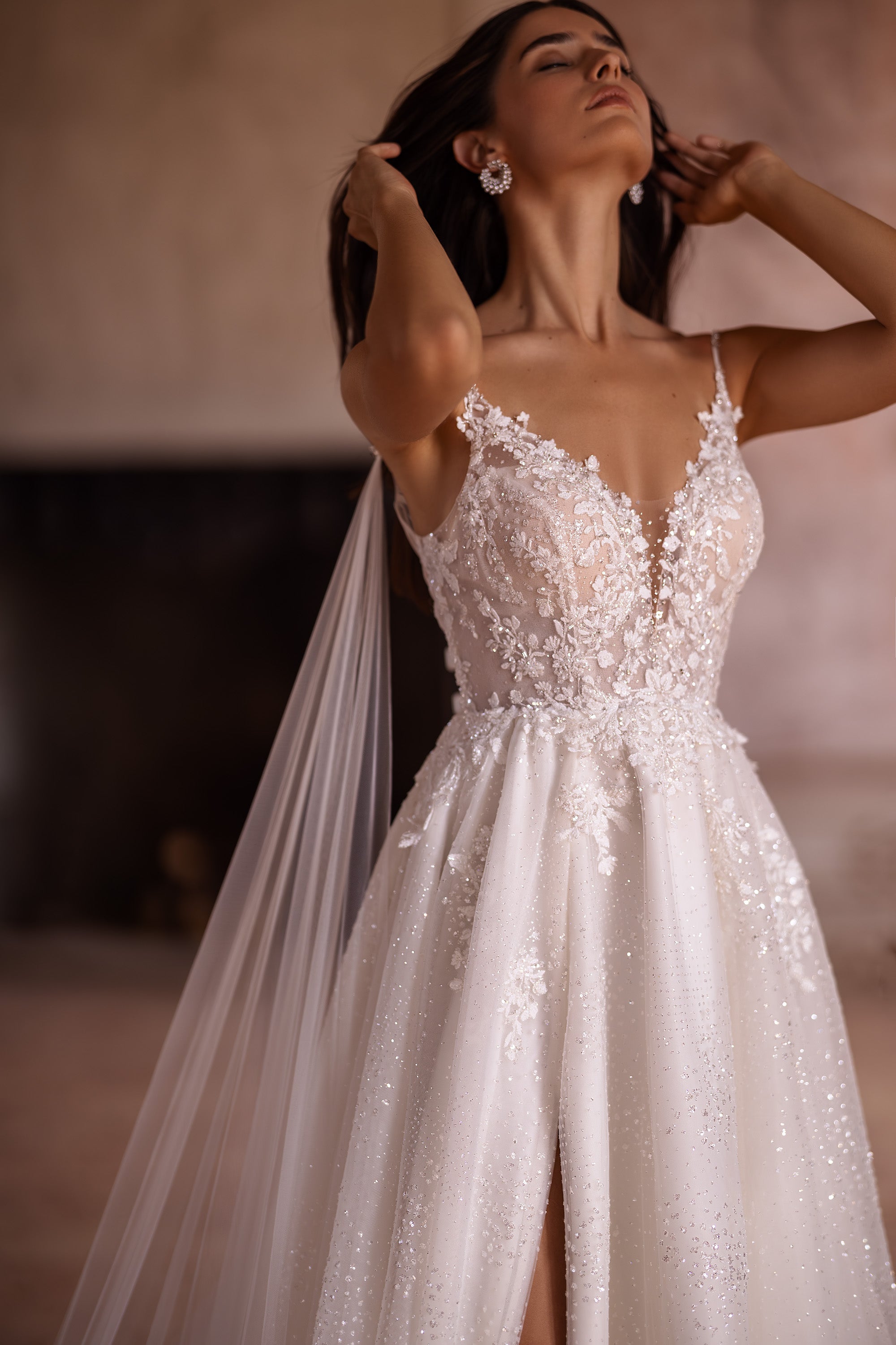Spaghetti Straps Bridal Gown Beach Wedding Dress with Slit Skirt, Detachable Wings, and Deep V-Neck