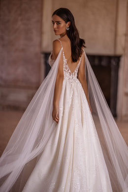 Spaghetti Straps Bridal Gown Beach Wedding Dress with Slit Skirt, Detachable Wings, and Deep V-Neck