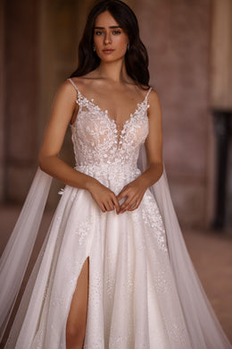 Spaghetti Straps Bridal Gown Beach Wedding Dress with Slit Skirt, Detachable Wings, and Deep V-Neck