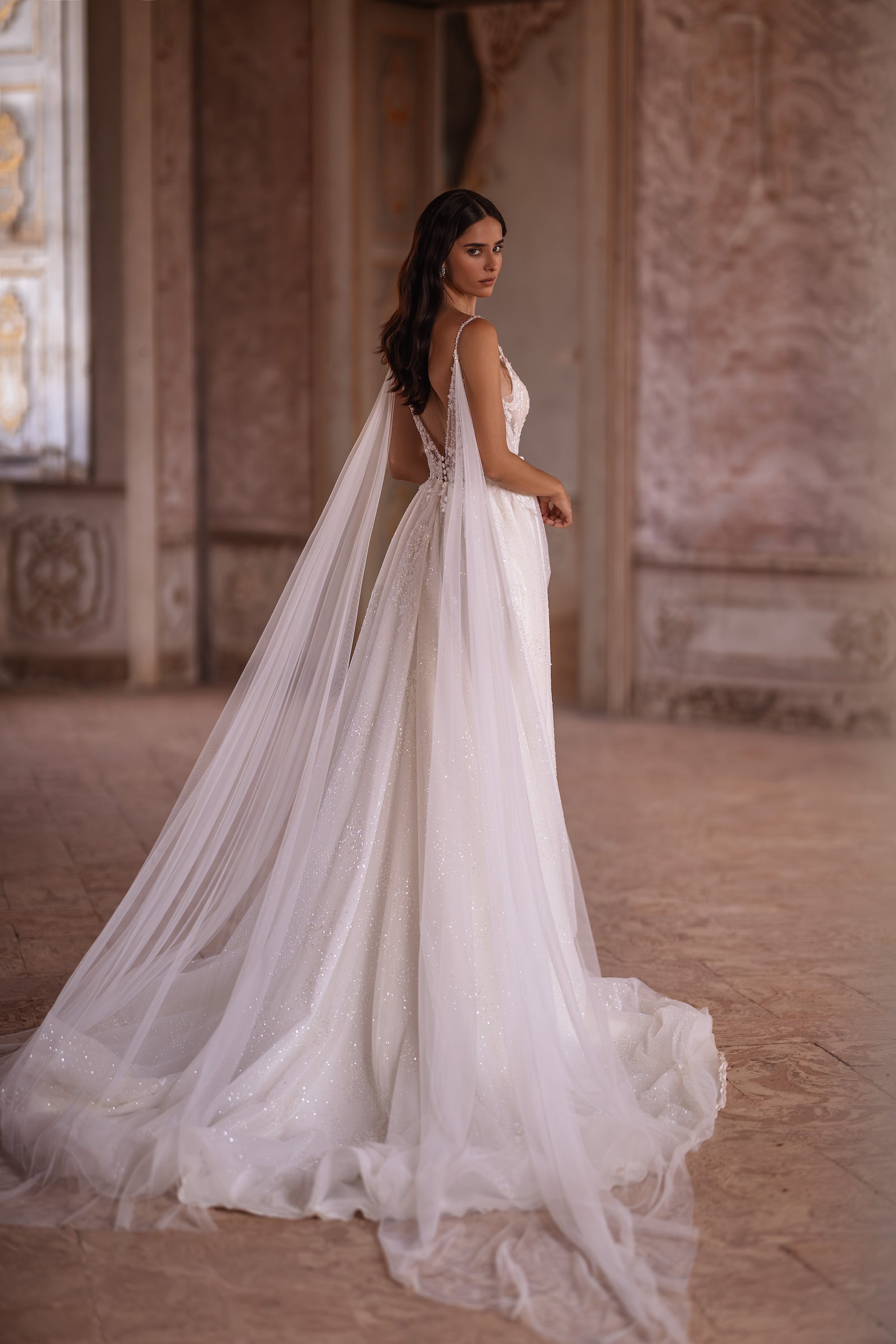 Spaghetti Straps Bridal Gown Beach Wedding Dress with Slit Skirt, Detachable Wings, and Deep V-Neck