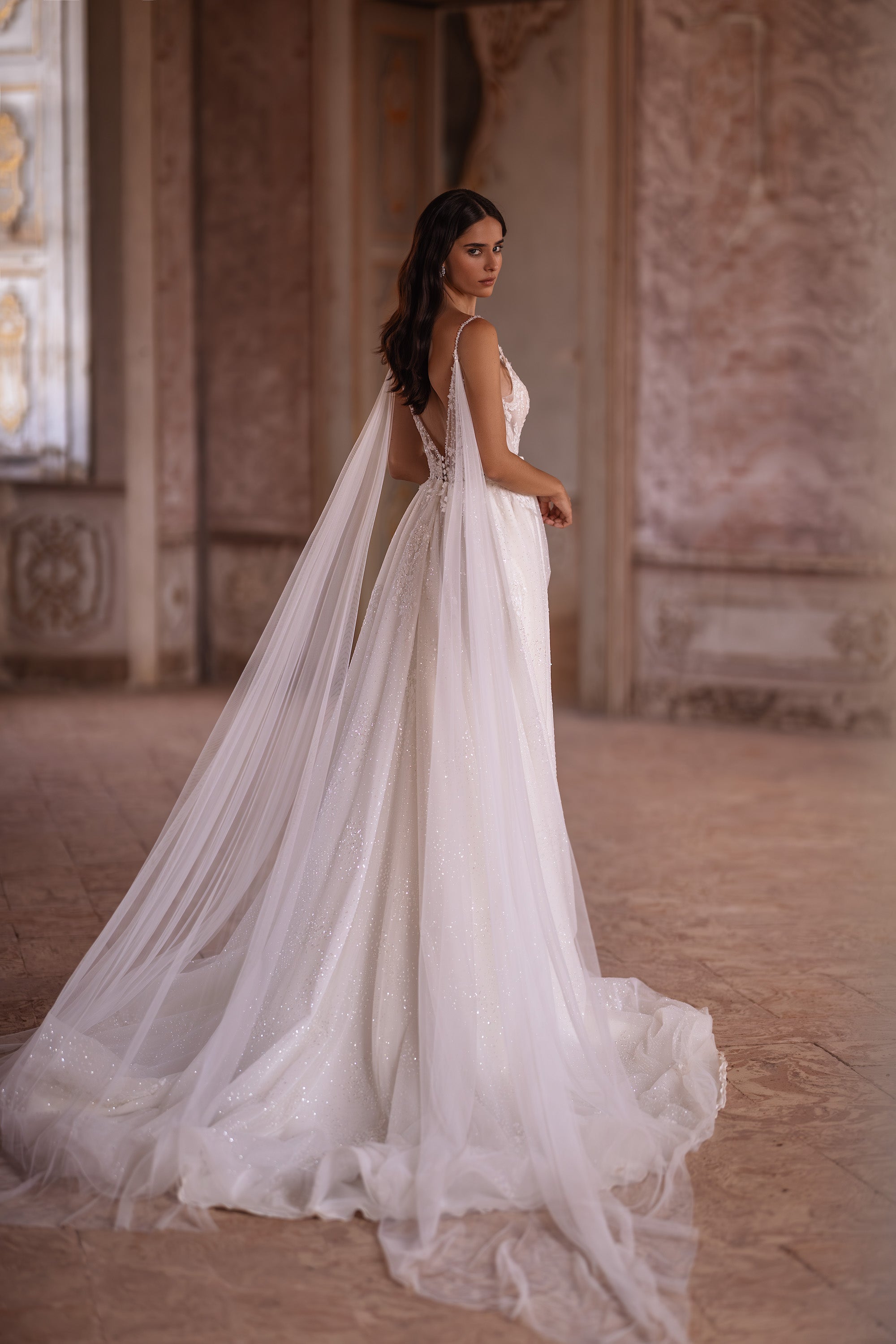 Spaghetti Straps Bridal Gown Beach Wedding Dress with Slit Skirt, Detachable Wings, and Deep V-Neck