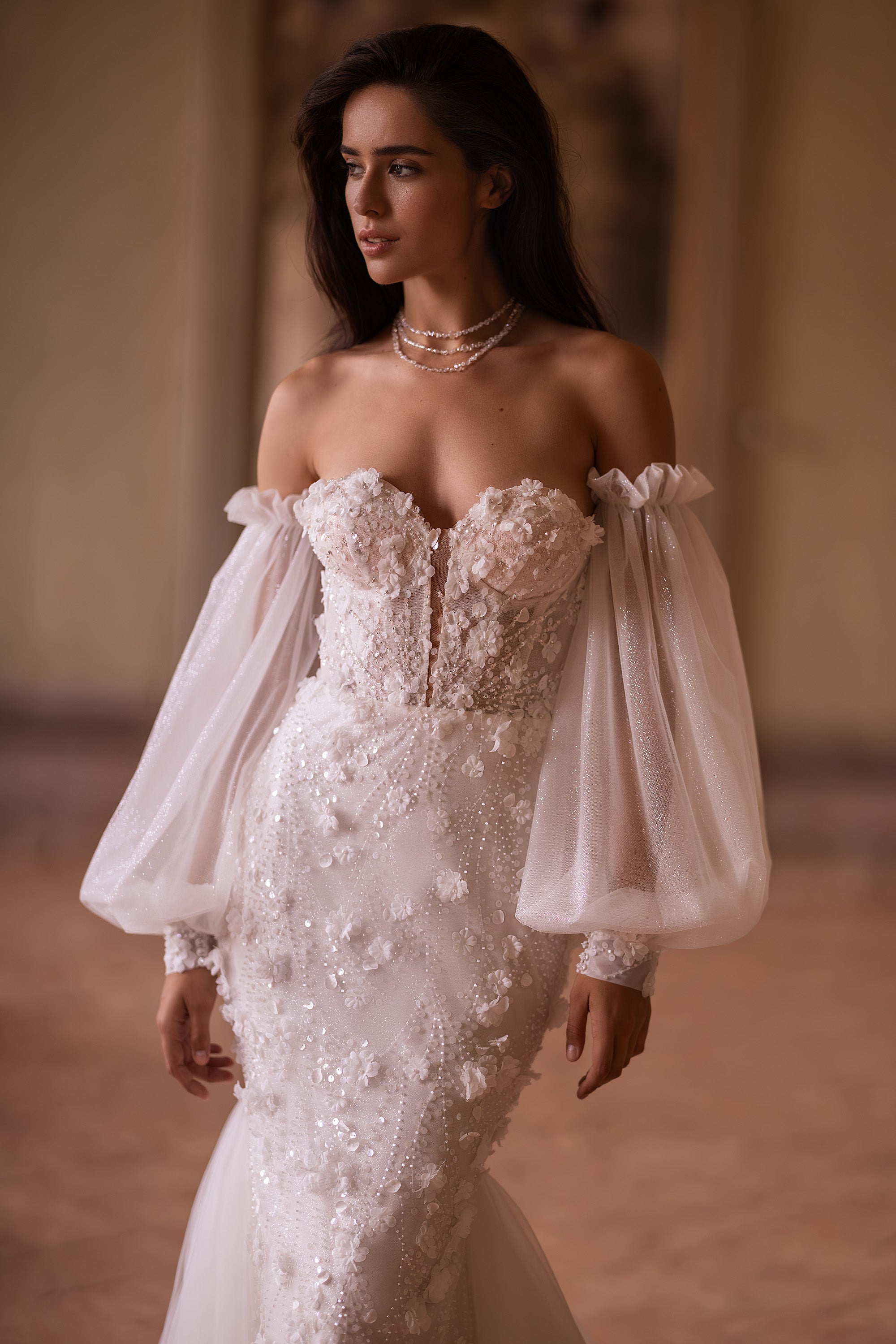 Elegant Mermaid Dress with Additional Sleeves, and Long Tulle Train