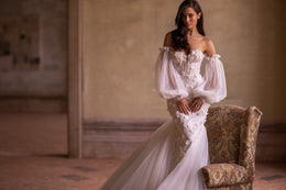 Elegant Mermaid Dress with Additional Sleeves, and Long Tulle Train