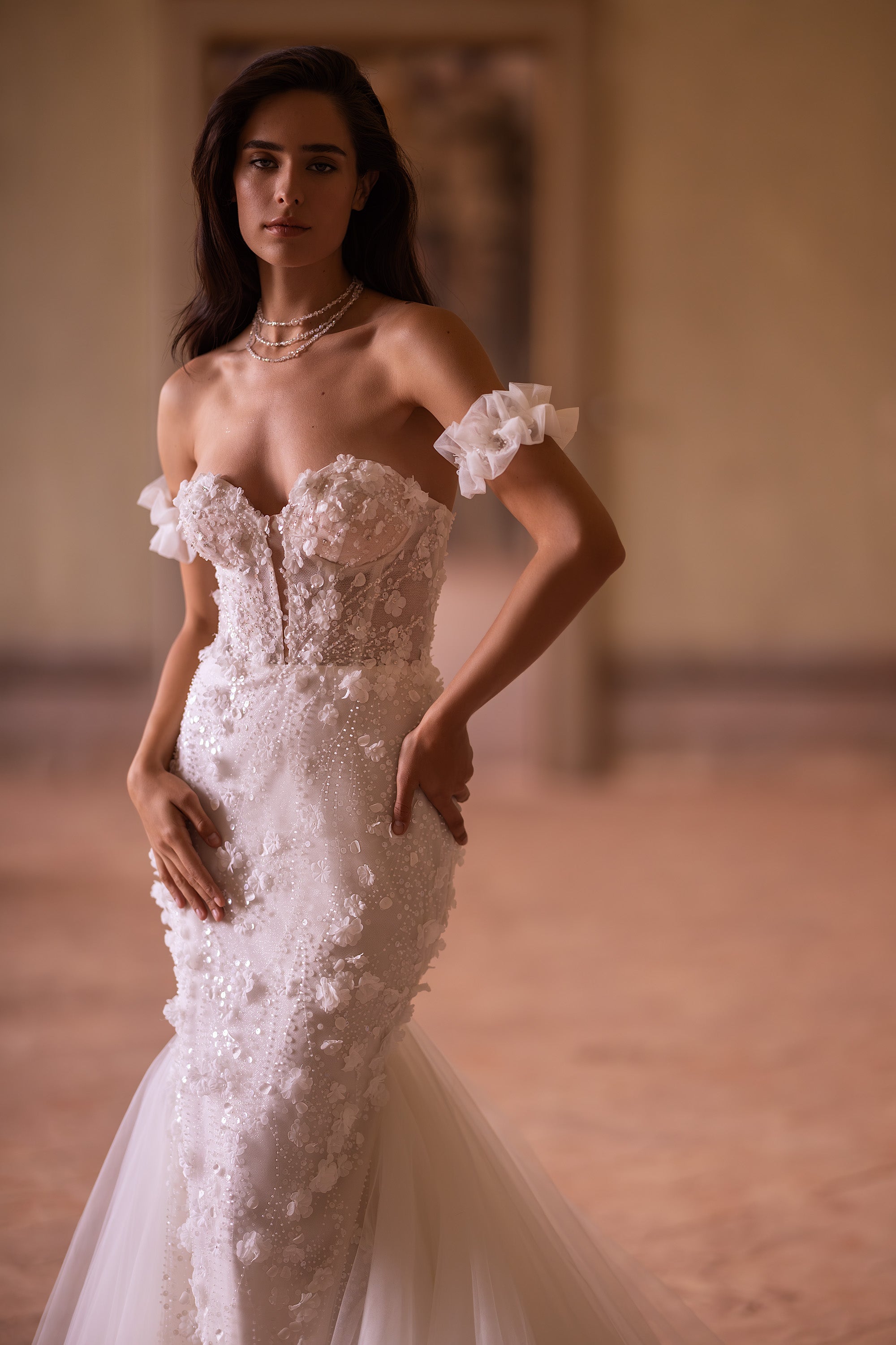 Elegant Mermaid Dress with Additional Sleeves, and Long Tulle Train