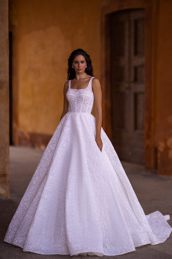 Lace Wedding Gown with  Straps and Straight Across Neckline