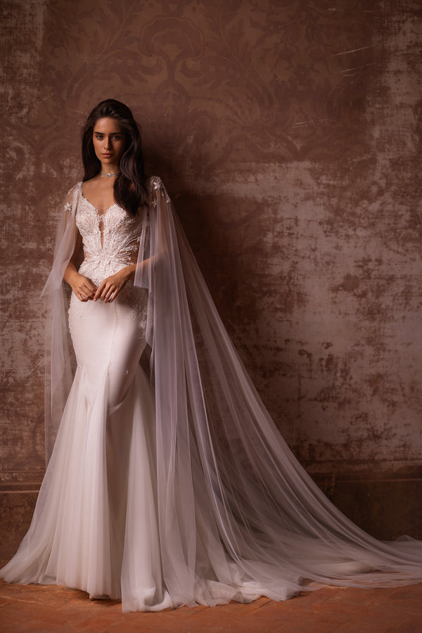 Gorgeous Wedding Gown Fit and Flare with Tulle, Glitter, Lace, Detachable Long Wings and Court Train Tulle