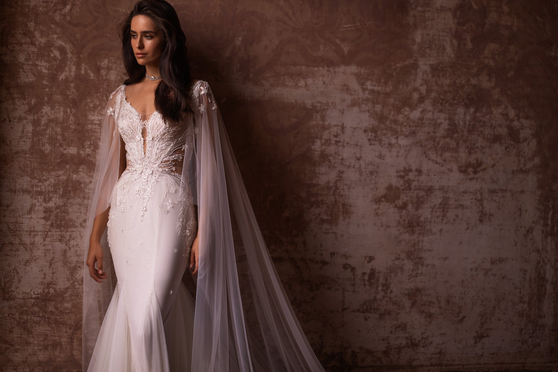 Gorgeous Wedding Gown Fit and Flare with Tulle, Glitter, Lace, Detachable Long Wings and Court Train Tulle