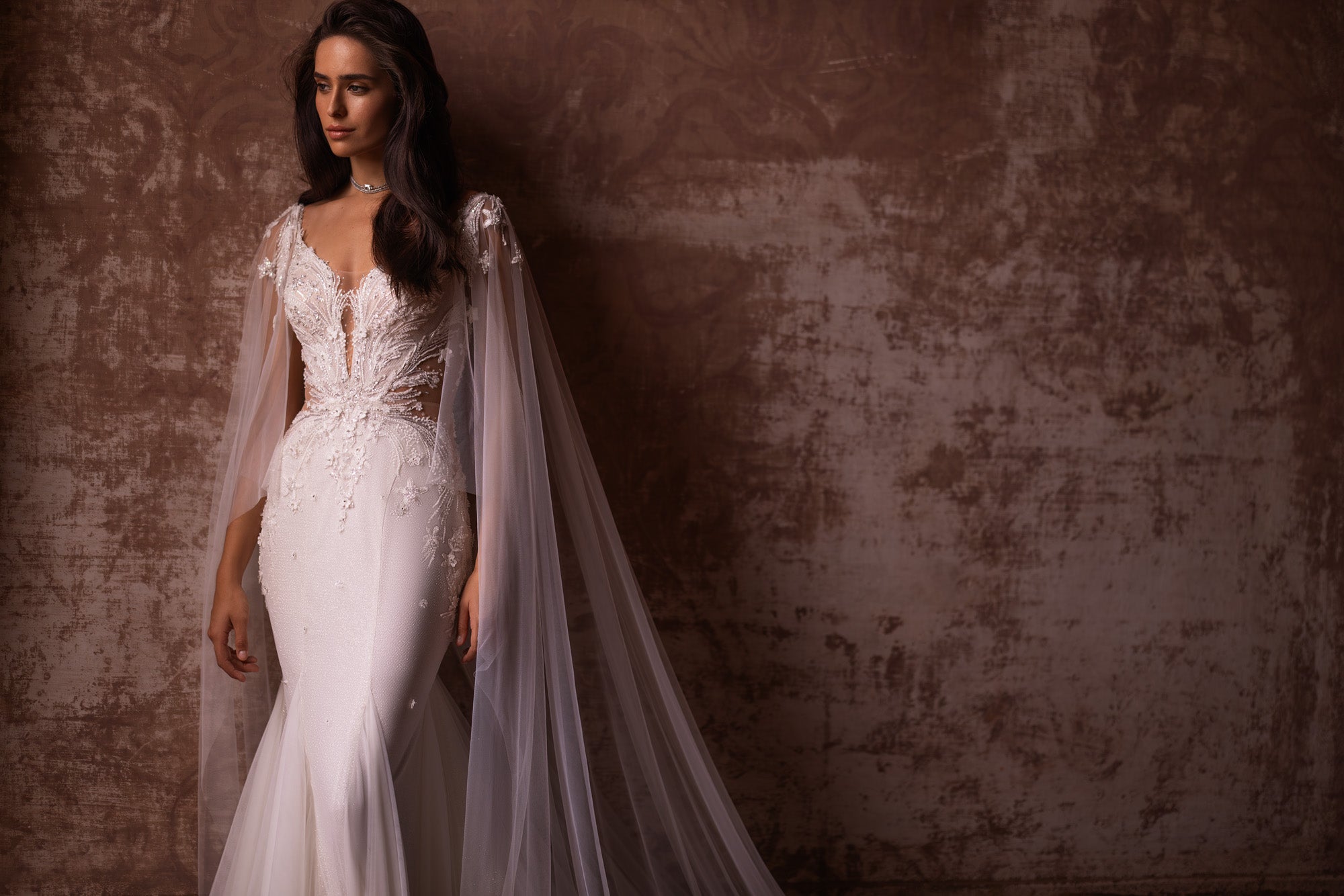Gorgeous Wedding Gown Fit and Flare with Tulle, Glitter, Lace, Detachable Long Wings and Court Train Tulle