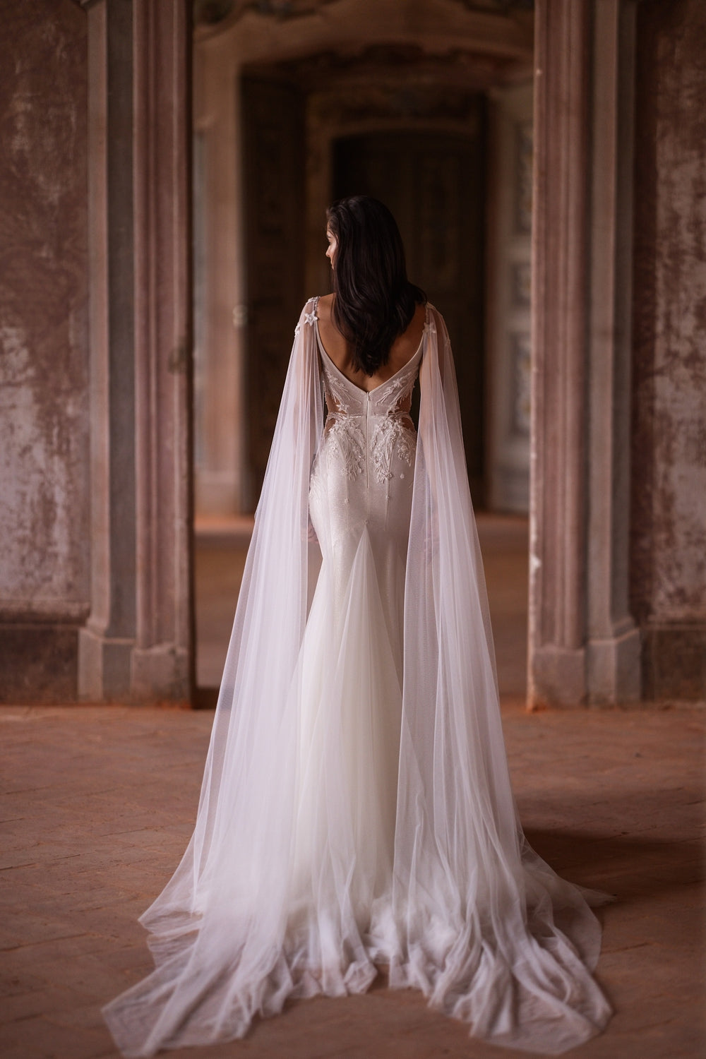 Gorgeous Wedding Gown Fit and Flare with Tulle, Glitter, Lace, Detachable Long Wings and Court Train Tulle