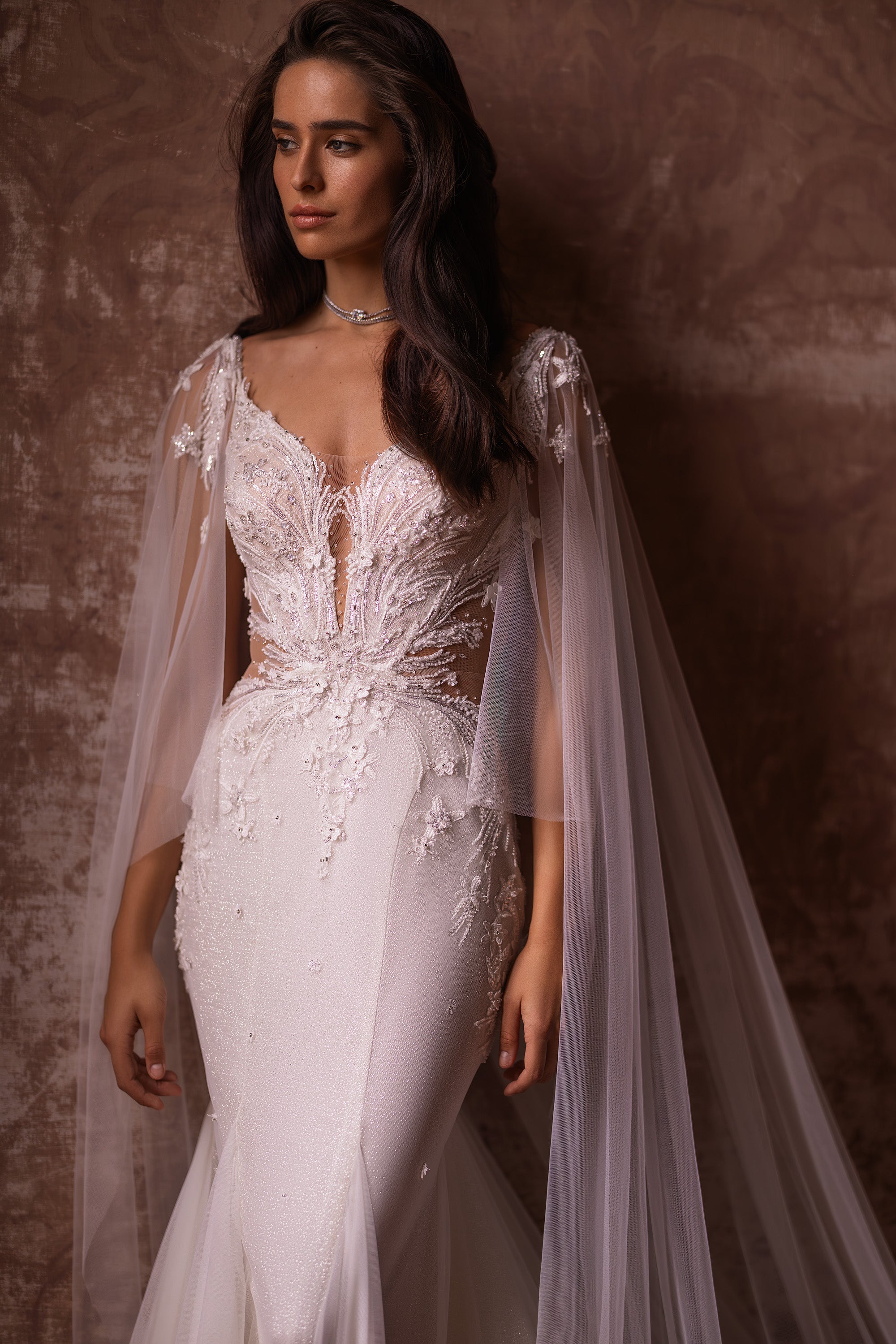 Gorgeous Wedding Gown Fit and Flare with Tulle, Glitter, Lace, Detachable Long Wings and Court Train Tulle