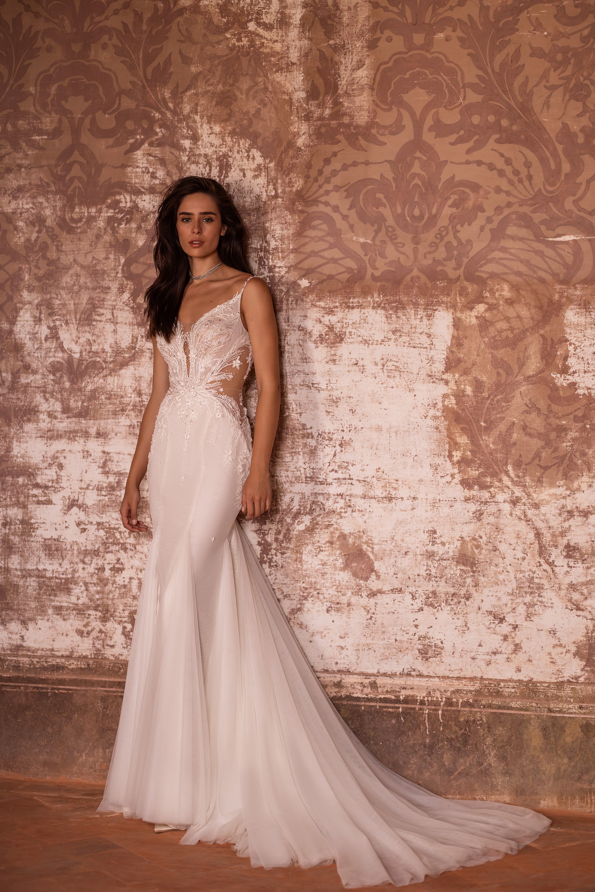Gorgeous Wedding Gown Fit and Flare with Tulle, Glitter, Lace, Detachable Long Wings and Court Train Tulle
