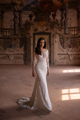 Elegant Lace Fit and Flare Bridal Dress with Long Sleeves, Lace Back, and Court Train Tulle