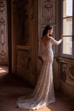 Elegant Lace Fit and Flare Bridal Dress with Long Sleeves, Lace Back, and Court Train Tulle