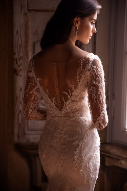Elegant Lace Fit and Flare Bridal Dress with Long Sleeves, Lace Back, and Court Train Tulle
