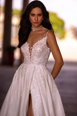 Sparkle Bridal Dress with Spaghetti Straps, Deep V-Neck, Lace Top and Slit Dress