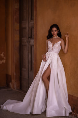Sparkle Bridal Dress with Spaghetti Straps, Deep V-Neck, Lace Top and Slit Dress