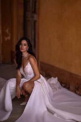 Sparkle Bridal Dress with Spaghetti Straps, Deep V-Neck, Lace Top and Slit Dress
