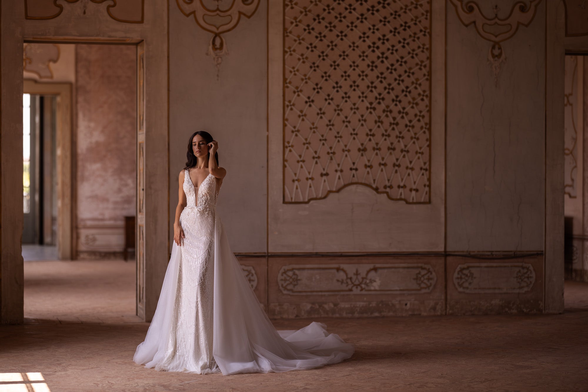 Mermaid Deep V-Neck Beaded Lace Bridal Dress with Additional Tulle Skirt and Belt at the Waist