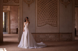 Mermaid Deep V-Neck Beaded Lace Bridal Dress with Additional Tulle Skirt and Belt at the Waist