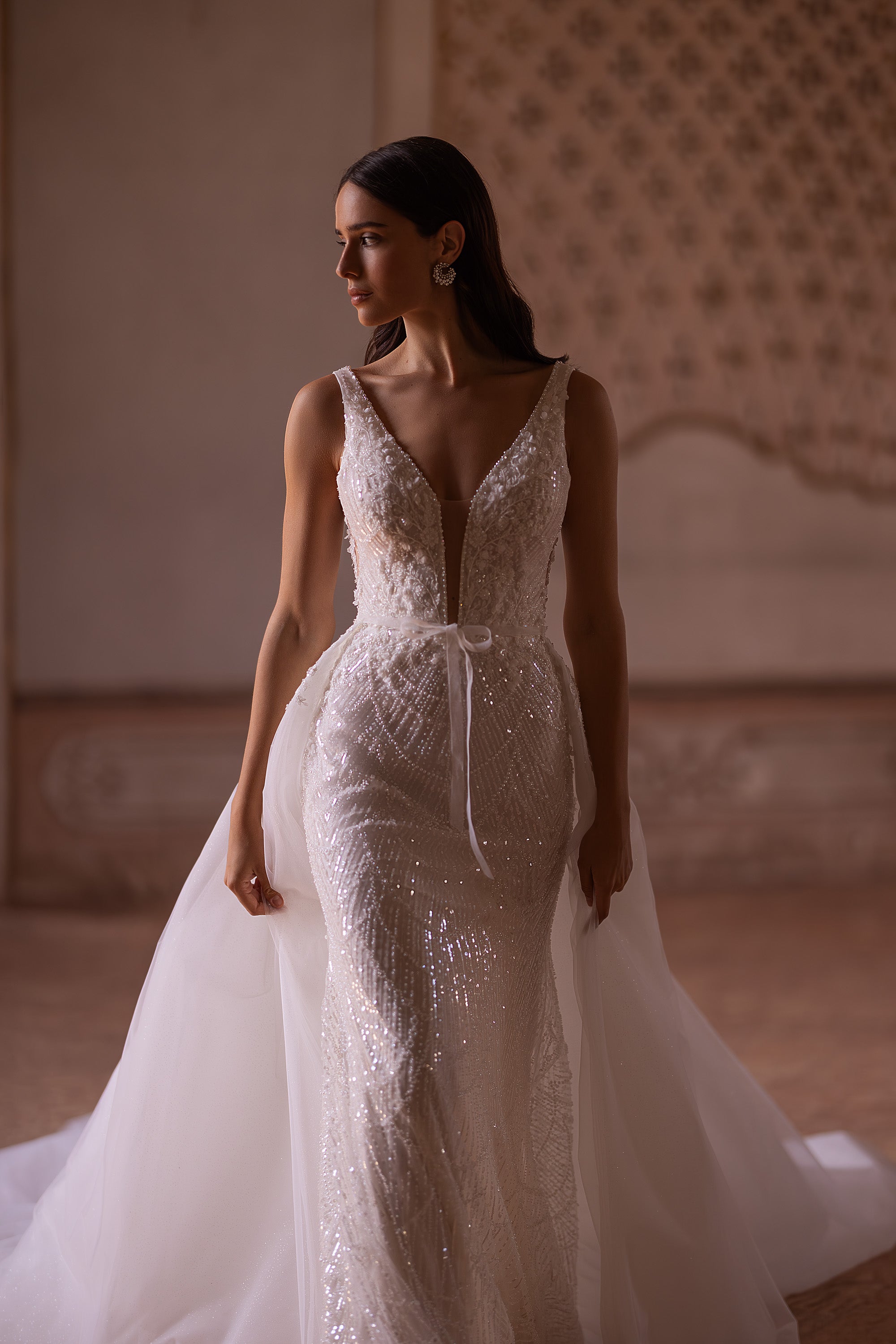 Mermaid Deep V-Neck Beaded Lace Bridal Dress with Additional Tulle Skirt and Belt at the Waist