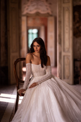 Elegant Lace Ballgown Wedding Dress with Straight Neckline, Additional Long Sleeves, and Cathedral Train