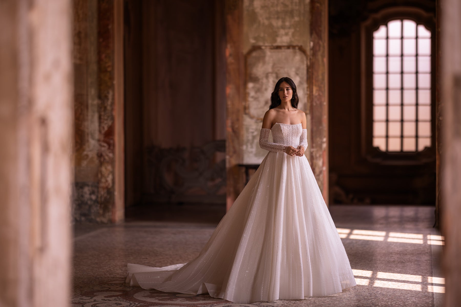 Elegant Lace Ballgown Wedding Dress with Straight Neckline, Additional Long Sleeves, and Cathedral Train