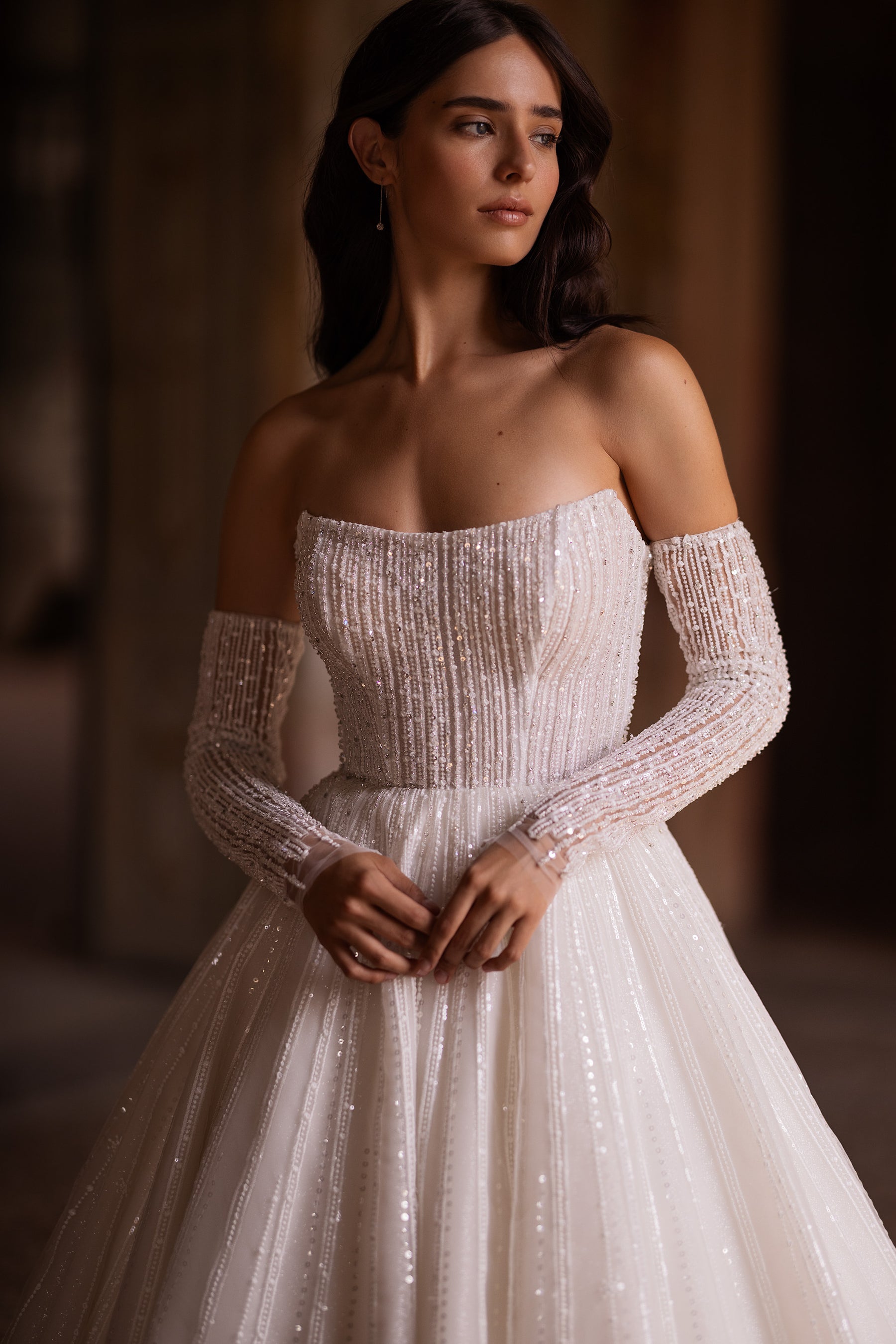 Elegant Lace Ballgown Wedding Dress with Straight Neckline, Additional Long Sleeves, and Cathedral Train