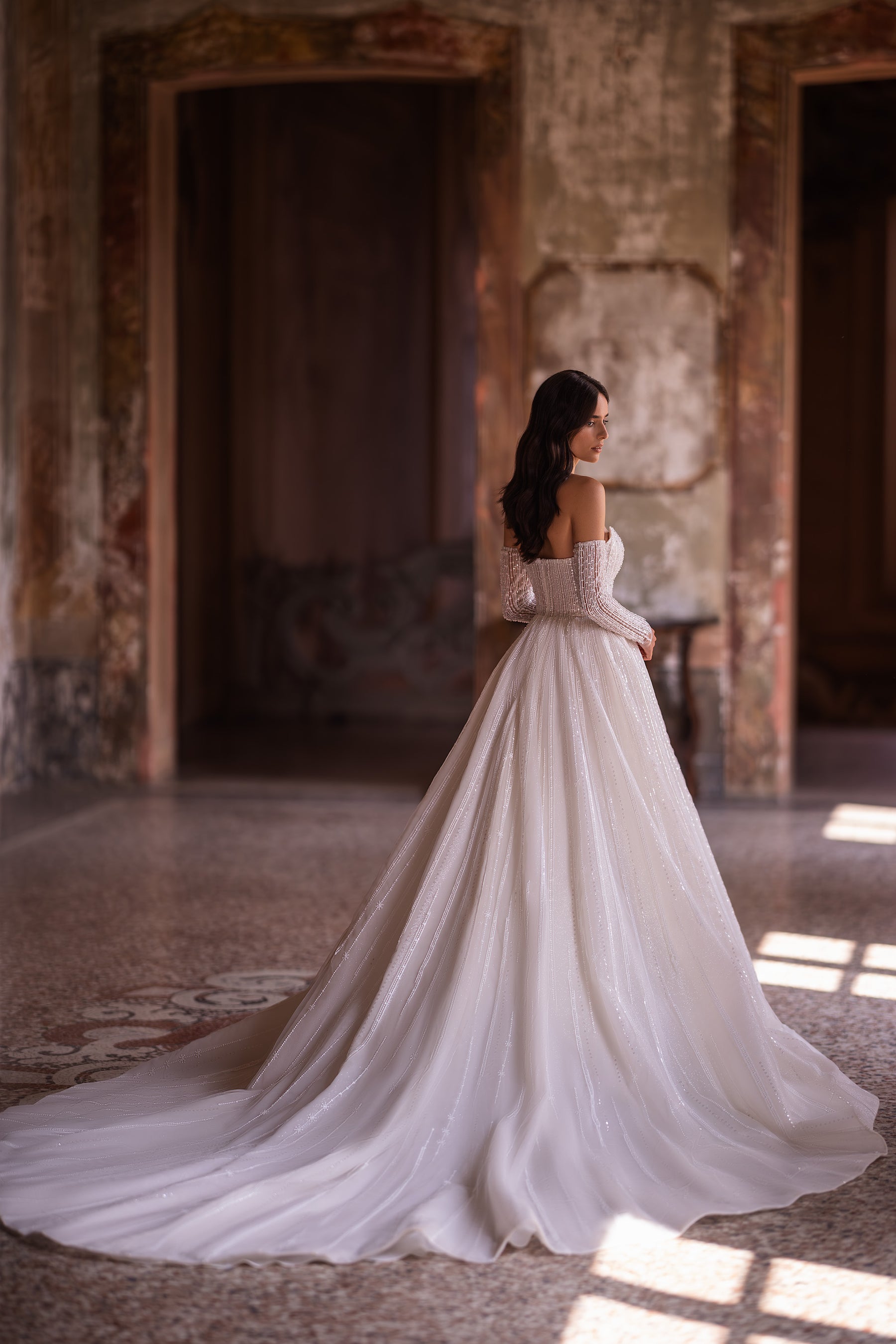 Elegant Lace Ballgown Wedding Dress with Straight Neckline, Additional Long Sleeves, and Cathedral Train
